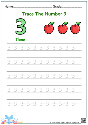 Number 3 Tracing Worksheet | Essential Grade K Practice