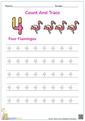 Number 4 Tracing with Flamingo Counting Activities