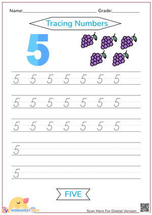 Number 5 Tracing Worksheet with Grape Counting