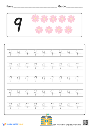 Number 9 Tracing Worksheet with Flower Counting