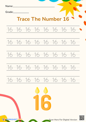 Number 16 Tracing Worksheet