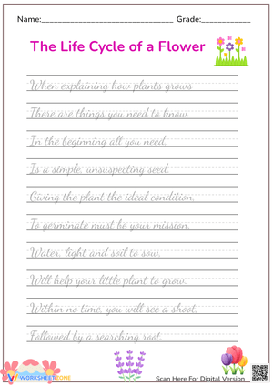 Flower Life Cycle Cursive Handwriting Practice for Adults