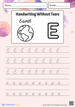 Letter E Handwriting Practice - Earth Theme Worksheet
