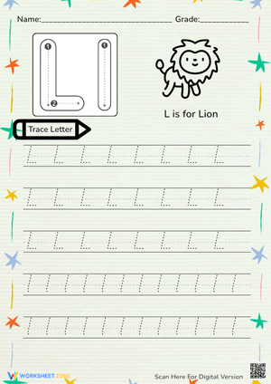 Trace Letter L: Lion Handwriting Practice - Pre-K/K