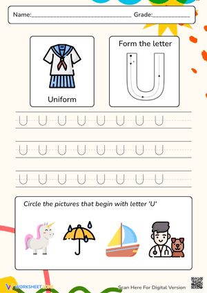 Uppercase Letter U Handwriting Practice Worksheet