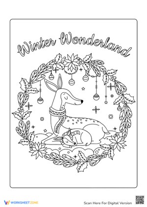 Christmas Wreath with Reindeer Coloring Page