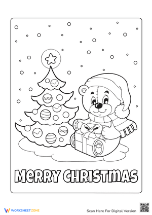 Christmas Tree Coloring Page with Cute Teddy Bear