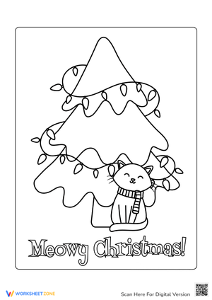 Christmas Tree Coloring Page with Cute Kitty Cat