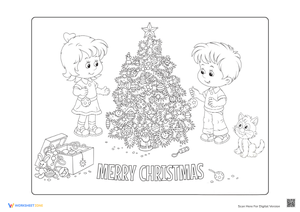 Holiday Scene Coloring Page with Christmas Tree