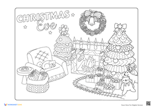 Christmas Eve Coloring Page with Trees & Fireplace