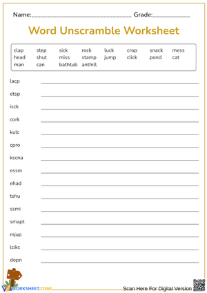 Word Unscramble Worksheet – Boost Spelling Skills