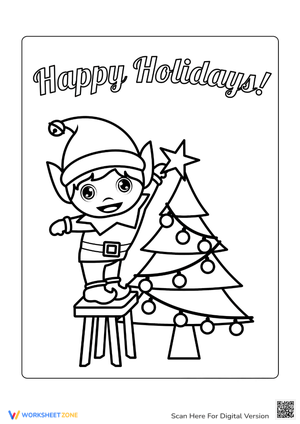 Christmas Tree & Elf Coloring Page - Fun Holiday Activity!