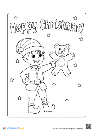 Elf with Teddy Bear Coloring Sheet