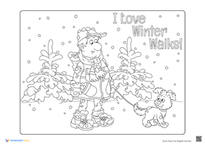 Winter Coloring Page: Boy and Dog