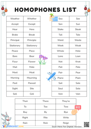 Homophones List Worksheet: Words That Sound Alike
