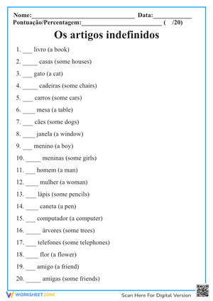 Portuguese Indefinite Articles Worksheet | Grade 1 Ready