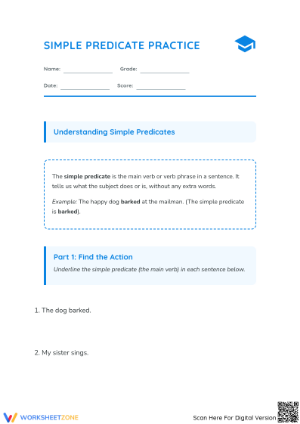 Printable Simple Predicate Worksheet | Grade 3 ELA
