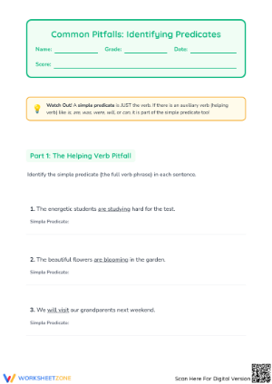 Identifying Predicates Printable Worksheet | Grade 3 ELA