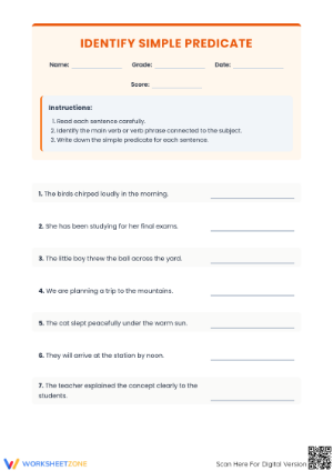 Simple Predicate Worksheet | Grade 5 Printable