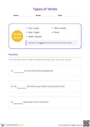 Printable Modal Verbs Worksheet | Grade 3 ELA