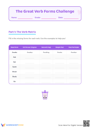 Essential Verb Forms Worksheet | Grade 4 Grammar