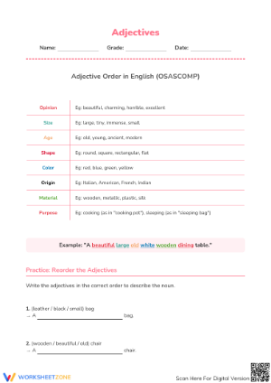 Adjective Order Worksheet | Grade 4 ELA Printable