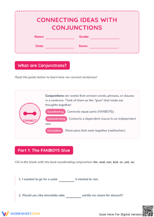 Printable Conjunctions Worksheet | Grade 3-4 ELA