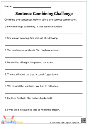 Sentence Combining with Conjunctions Worksheet