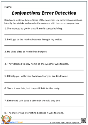 Conjunctions Error Detection Worksheet