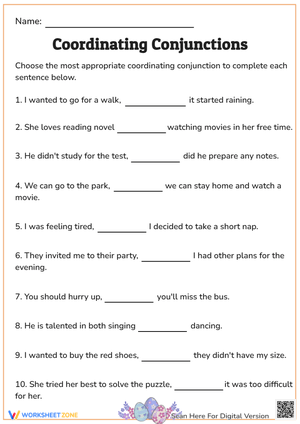 Coordinating Conjunctions Practice Worksheet