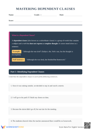 Dependent Clause Worksheet | Grade 7 Printable