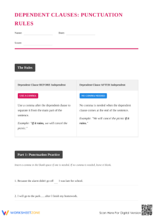 Dependent Clause Punctuation Worksheet | Grade 6-7 Essential