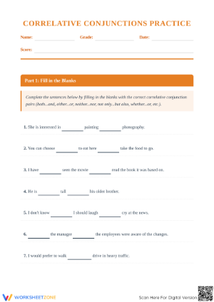 Correlative Conjunctions Worksheet | Printable Grade 5-8