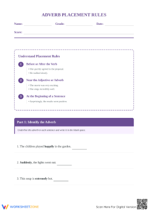 Adverb Placement Rules Printable Worksheet | Grade 4 ELA