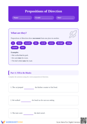 Prepositions of Direction Worksheet | Grade 4 Essential