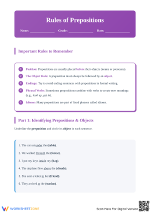 Prepositions Worksheet | Grade 4 ELA Printable