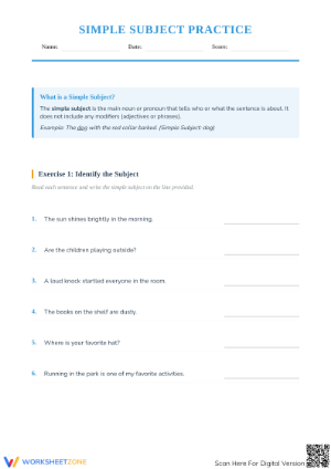 Simple Subject Practice Worksheet | Grade 3-5 Essential