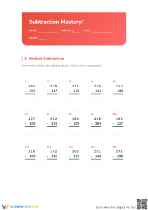 3-Digit Subtraction Worksheet | Grade 2 Math Printable