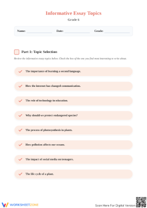 Informative Essay Planning Worksheet | Grade 6 Printable