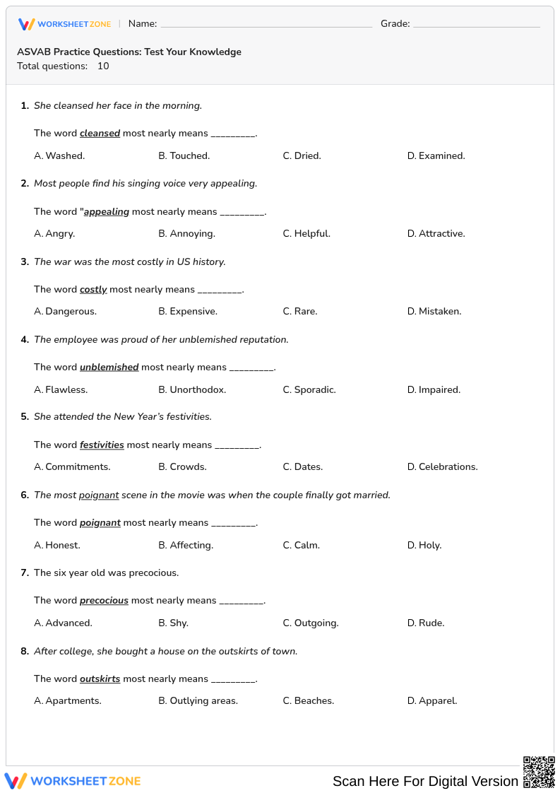Essential ASVAB Vocabulary Practice Worksheet
