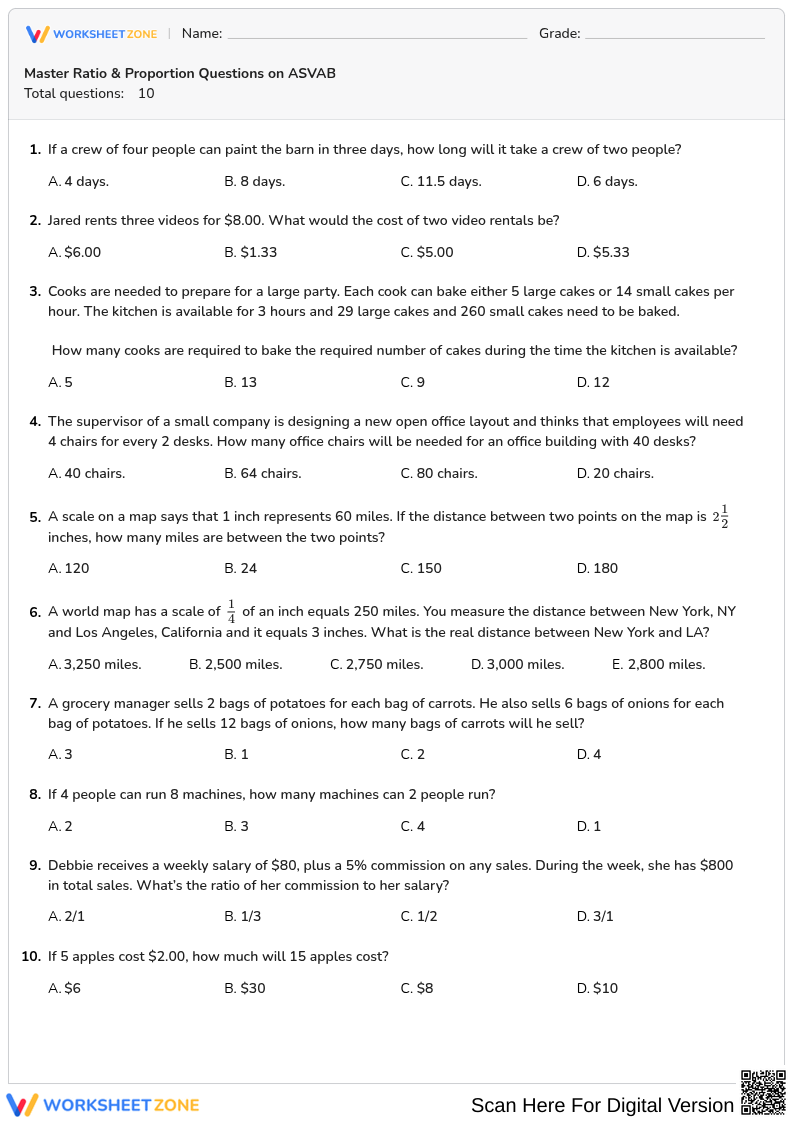 Printable ASVAB Ratio and Proportion Worksheet
