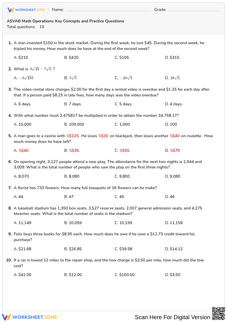 ASVAB Math Operations: Key Concepts and Practice Questions