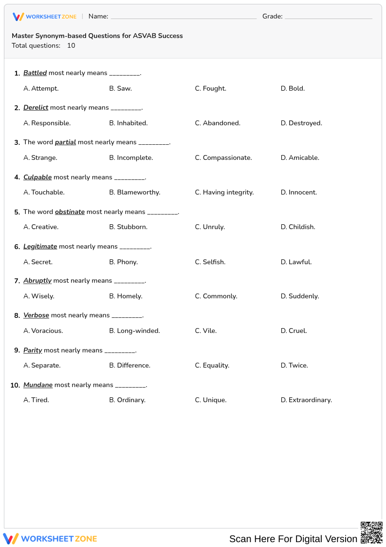 Synonym Practice Worksheet | Essential Grade 9 ELA