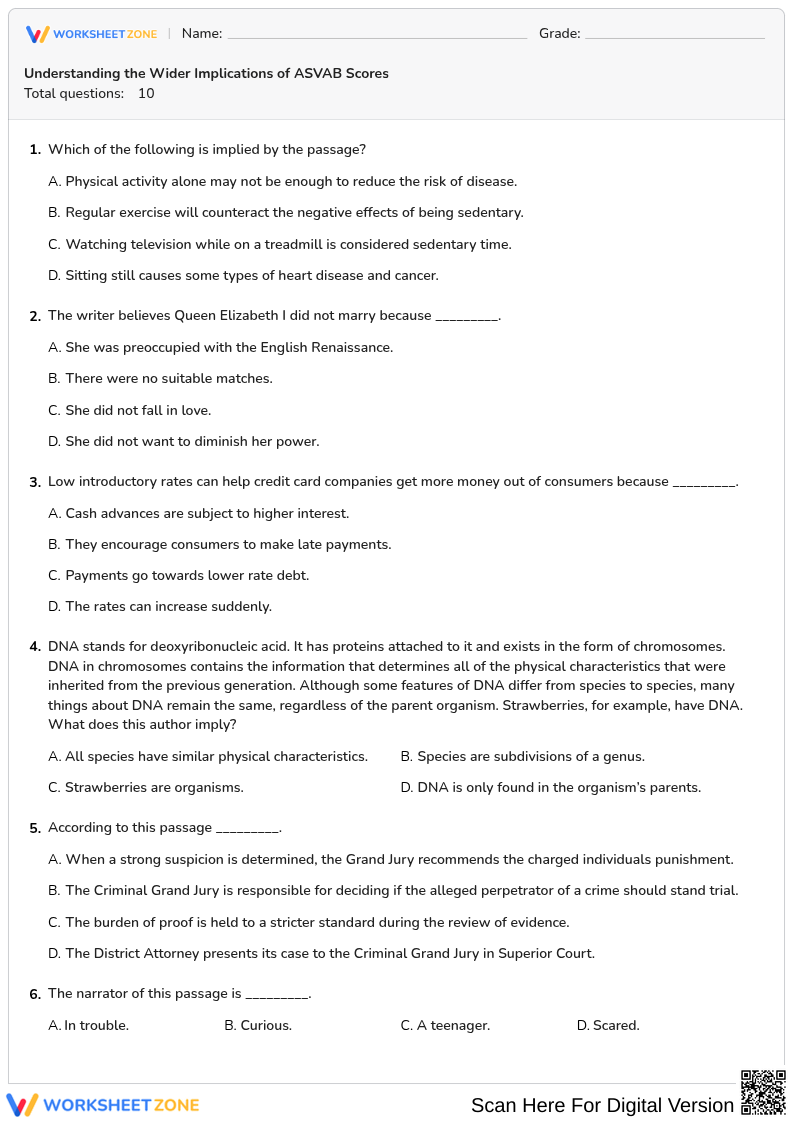 Grade 9 ASVAB Practice — Printable No-Prep Worksheet