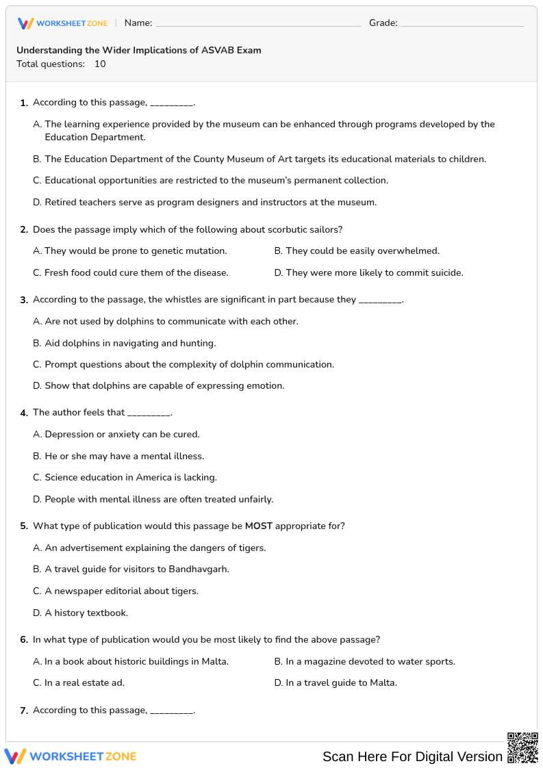 Grade 9-12 ASVAB Reading — Printable No-Prep Worksheet