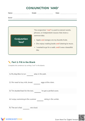 Conjunction And Printable Worksheet | Grade 3 ELA