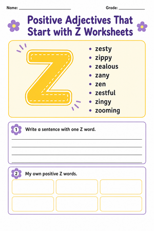 Printable Positive Z Adjectives Worksheet