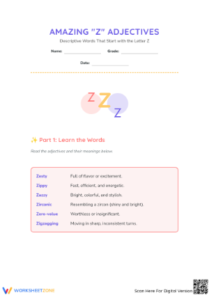 Z Adjectives Worksheet | Grade 2 ELA Printable