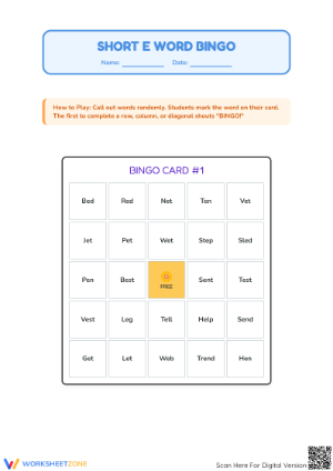 Printable Short E Bingo Game | Grade 1 Phonics Fun