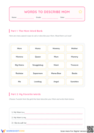 Words to Describe Mom Worksheet | Grade 1-2 Printable